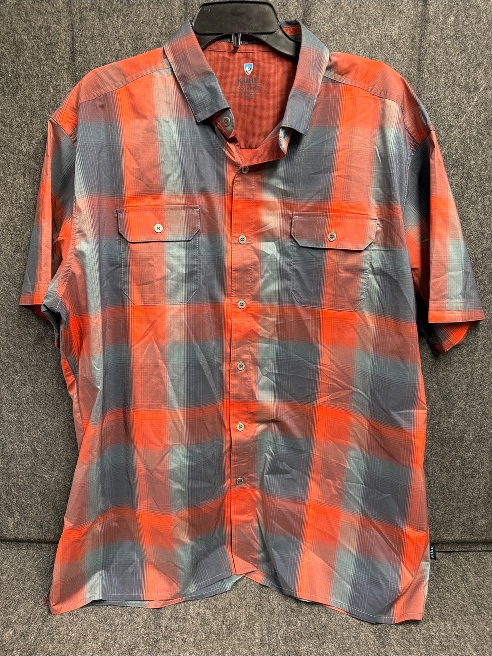 Kuhl Men’s Short Sleeve Plaid Shirt in Orange Red and Gray